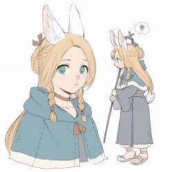 Rule 34 | 1girl, black dress, blonde hair, blue capelet, braid, brown choker, capelet, choker, closed mouth, dress, dungeon meshi, frs2, furry, furry female, green eyes, highres, holding, holding staff, long sleeves, marcille donato, multiple views, rabbit girl, simple background, spoken squiggle, squiggle, staff, twin braids, white background, wide sleeves
