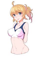 Rule 34 | 10s, 1girl, :p, absurdres, ahoge, aqua eyes, blonde hair, breasts, gundam, gundam build fighters, gundam build fighters try, hand on own chest, highres, hoshino fumina, looking at viewer, midriff, ponytail, qing lan, simple background, solo, sports bra, tongue, tongue out, two-tone sports bra, white background