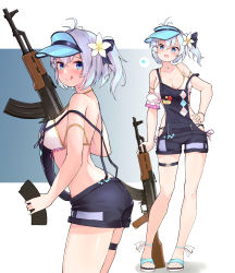 Rule 34 | .live, 1girl, :p, absurdres, ak-47, assault rifle, bikini, bikini under clothes, blue eyes, blue hair, blush, breasts, cleavage, collarbone, full body, gun, highres, jewelry, kalashnikov rifle, large breasts, looking at viewer, necklace, rifle, short hair, shorts, simple background, dennou shoujo siro, solo, swimsuit, tongue, tongue out, virtual youtuber, visor cap, voizerick, weapon