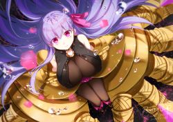 Rule 34 | 10s, 1girl, belt collar, blush, breasts, claws, clothing cutout, collar, fate/extra, fate/extra ccc, fate/grand order, fate (series), hair ribbon, hip focus, huge breasts, legs up, long hair, looking at viewer, looking up, open mouth, pantyhose, passionlip (fate), pink eyes, pink ribbon, purple hair, ribbon, sash, shoulder cutout, sitting, thighs, very long hair, youmicitrustea