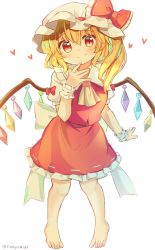 Rule 34 | 1girl, ascot, barefoot, blonde hair, bow, closed mouth, crystal, flandre scarlet, frilled bow, frills, full body, hat, hat bow, heart, highres, looking at viewer, medium hair, mob cap, one side up, petticoat, ramudia (lamyun), red bow, red eyes, red skirt, red vest, shirt, short sleeves, simple background, skirt, smile, solo, standing, touhou, twitter username, vest, white background, white hat, white shirt, wings, yellow ascot