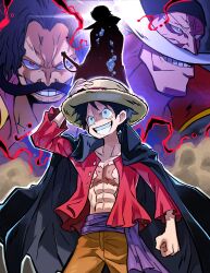 Rule 34 | belt, black hair, edward newgate, facial hair, gol d. roger, hat, highres, hyou (hyouga617), male focus, monkey d. luffy, mustache, one piece, pink shirt, pirate, red shirt, scar, shanks (one piece), shirt, silhouette, smile, straw hat