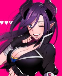 Rule 34 | 1girl, ;d, absurdres, blue eyes, breasts, cleavage, fangs, heart, heart-shaped pupils, highres, horns, kamenozoki momomo, large breasts, looking at viewer, one eye closed, open mouth, original, pink background, pointy ears, simple background, smile, solo, symbol-shaped pupils, teeth, upper body
