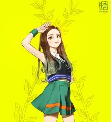Rule 34 | 1girl, animification, arm up, braid, brown eyes, brown hair, commentary request, cowboy shot, crop top, green hair, green skirt, green wristband, hand on own hip, high-waist skirt, joy96green, joy (red velvet), k-pop, korean commentary, long hair, looking to the side, miniskirt, multicolored hair, real life, red velvet (group), skirt, smile, solo, two-tone hair, wristband, yellow background
