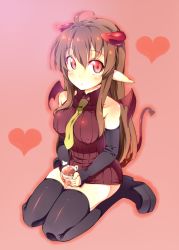 Rule 34 | 1girl, ahoge, bare shoulders, boots, brown hair, cup, demon girl, demon tail, demon wings, detached sleeves, full body, heart, highres, horns, kazuma (kazumav), mug, necktie, original, pointy ears, red eyes, solo, tail, thigh boots, thighhighs, wings
