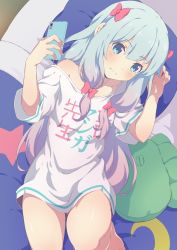 Rule 34 | 1girl, absurdres, arm up, barefoot, bed, blue eyes, blush, bow, cellphone, clothes writing, commentary request, eromanga sensei, feet, grey hair, hair bow, highres, izumi sagiri, knee up, long hair, lying, misashi (raichi821), no pants, off shoulder, on back, phone, pillow, ribbon, shirt, short sleeves, smartphone, solo, stuffed toy, thighs, toes, white shirt