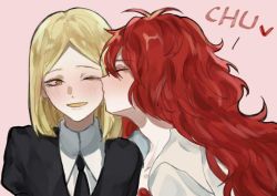 Rule 34 | 2others, ^ ^, androgynous, black shirt, blonde hair, blush, closed eyes, collared shirt, funa12k, half-closed eye, heart, houseki no kuni, kiss, kissing cheek, long hair, looking at another, multiple others, necktie, one eye closed, open clothes, open mouth, open shirt, other focus, padparadscha (houseki no kuni), parted bangs, puffy sleeves, red hair, shirt, short hair, smile, sound effects, tareme, very long hair, wavy hair, white shirt, yellow diamond (houseki no kuni), yellow eyes