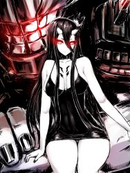 Rule 34 | 10s, 1girl, abyssal ship, bare shoulders, battleship princess, black dress, black hair, breasts, breasts apart, choker, cleavage, covered navel, dress, glowing, glowing eyes, hair between eyes, horns, ishimiso (ishimura), kantai collection, large breasts, long hair, monster, pale skin, red eyes, short dress, sitting, skin-covered horns, solo, tattoo, very long hair