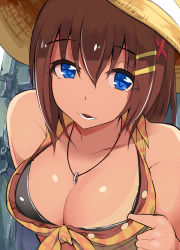 Rule 34 | 00s, 1girl, blue eyes, blush, breasts, brown hair, cleavage, hair ornament, hat, highres, jewelry, lyrical nanoha, mahou shoujo lyrical nanoha, medium breasts, nac000, necklace, open mouth, ring, short hair, smile, solo, swimsuit, tan, tanline, x hair ornament, yagami hayate