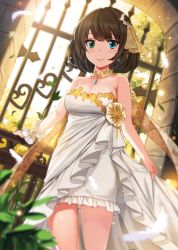 Rule 34 | 10s, 1girl, alternate costume, anti (0324), arch, backlighting, bare shoulders, blue eyes, blurry, blush, breasts, brown hair, cleavage, closed mouth, collarbone, cowboy shot, day, depth of field, detached collar, dress, earrings, feathers, flower, frills, green eyes, hair ornament, heterochromia, highres, idolmaster, idolmaster cinderella girls, ironwork, jewelry, large breasts, leaf, legs apart, lens flare, light particles, looking at viewer, mole, mole under eye, pendant, pink lips, plant, scarf, short dress, short hair, skirt hold, sky, smile, solo, sparkle, standing, strapless, strapless dress, sunlight, takagaki kaede, tree, vines, white dress, wind, wrist cuffs