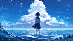Rule 34 | 1girl, ahoge, aky ami, arm at side, black hair, black sailor collar, black skirt, blue theme, cloud, cloudy sky, commentary request, day, facing away, feet out of frame, hand up, highres, horizon, ocean, original, outdoors, sailor collar, scenery, school uniform, serafuku, shirt, short hair, short sleeves, signature, skirt, sky, solo, standing, wading, water, water drop, waves, white shirt, wide shot