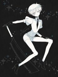 Rule 34 | 1other, androgynous, antarcticite, black background, black footwear, black gloves, closed mouth, colored eyelashes, colored skin, drawn wings, eleanor (ohmyeleanor), expressionless, eyelashes, formal, gem uniform (houseki no kuni), gloves, grey eyes, hand on own leg, highres, holding, holding sword, holding weapon, houseki no kuni, jitome, looking to the side, other focus, short hair, shorts, simple background, single wing, solo, sparkle, suit, sword, weapon, white hair, white shorts, white skin, white suit, wings