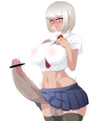 Rule 34 | 1futa, between breasts, blush, breasts, censored, crop top, erection, full-package futanari, futanari, highres, huge penis, impossible clothes, inverted nipples, large breasts, microskirt, midriff, mimizu (tokagex), necktie, necktie between breasts, nipples, no bra, no panties, original, penis, pointless censoring, school uniform, short hair, simple background, skirt, solo, sweat, tears, thighhighs, toned, tongue, tongue out, trembling, white background, zettai ryouiki