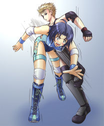 Rule 34 | 2girls, blonde hair, blue eyes, blue hair, boots, breasts, daisy cry, digdug006, elbow pads, fingerless gloves, gloves, kicking, knee pads, leotard, lucky uchida, multiple girls, open mouth, ryona, saliva, short hair, thigh boots, thighhighs, wrestle angels, wrestle angels survivor, wrestle angels survivor 2, wrestling, wrestling outfit