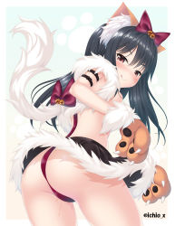 Rule 34 | 1girl, adachi tenka, animal hands, ass, bare shoulders, bell, black hair, black skirt, blush, bow, breasts, cat tail, chloe von einzbern, chloe von einzbern (cosplay), cosplay, fate/kaleid liner prisma illya, fate (series), fur trim, gloves, hair bow, ichio, jingle bell, licking lips, long hair, looking at viewer, looking back, miniskirt, paw gloves, red bow, red eyes, shoujo ramune, skirt, small breasts, smile, tail, thighs, tongue, tongue out