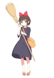 Rule 34 | 1980s (style), 1girl, bad id, bad nicoseiga id, bag, bow, broom, brown eyes, brown hair, dress, expressionless, full body, hair bow, hairband, handbag, highres, holding, kiki (majo no takkyuubin), looking away, looking to the side, majo no takkyuubin, nekoze, oldschool, retro artstyle, shoes, short hair, simple background, solo, white background