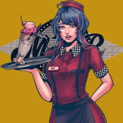 Rule 34 | 1girl, ahoge, alive musix, apron, arm behind back, black apron, blue hair, breasts, buttons, character name, checkered clothes, checkered shirt, cherry, collared shirt, commentary request, cowboy shot, employee uniform, food, fruit, grey hair, hat, heart, heart ahoge, highres, ice cream, id card, lips, long hair, looking at viewer, mair (alive musix), medium breasts, milkshake, minori (navymustard), multicolored hair, official art, open mouth, pink eyes, pink hair, red hat, red shirt, shirt, short sleeves, smile, solo, spill, spilling, uniform, virtual youtuber, wafer stick, waist apron, yellow background