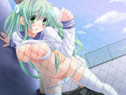 Rule 34 | 1girl, against fence, alternate costume, alternate hairstyle, blush, bow, bow panties, bra, breasts, chain-link fence, clothed sex, contemporary, doggystyle, fence, frog, green eyes, green hair, hair ornament, kochiya sanae, large breasts, lingerie, navel, nipples, open mouth, panties, rooftop, school uniform, serafuku, sex, sex from behind, snake, thighhighs, touhou, uncensored, underwear, white thighhighs, yayoi and nagi