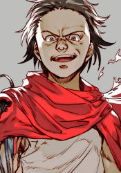 Rule 34 | 1boy, akira (manga), black eyes, black hair, cape, forehead, hair slicked back, hungry clicker, looking at viewer, male focus, mechanical arms, open mouth, red cape, red scarf, scarf, shima tetsuo, shirt, simple background, single mechanical arm, solo, spiked hair, upper body