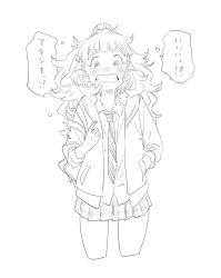 Rule 34 | 1girl, bag, blunt bangs, blush, clenched teeth, collared shirt, commentary, confession, cropped legs, ear blush, flying sweatdrops, goshiki suzu, greyscale, hair bun, half updo, hand in pocket, highres, idolmaster, idolmaster cinderella girls, jacket, kamiya nao, looking at viewer, monochrome, necktie, nose blush, plaid, plaid skirt, pleated skirt, pointing, pointing at self, school bag, school uniform, shirt, single hair bun, sketch, skirt, solo, speech bubble, striped necktie, striped neckwear, surprised, sweatdrop, teeth, thick eyebrows, translated, untucked shirt, wavy hair, white background, wing collar