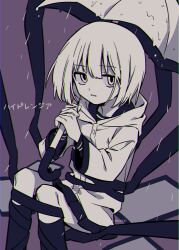Rule 34 | 1girl, bob cut, chromatic aberration, commentary request, darkness, expressionless, feet out of frame, greyscale with colored background, hands up, highres, holding, holding umbrella, hood, hood down, hooded coat, hydrangea (vocaloid), jitome, knees up, long sleeves, looking at viewer, menma (enaic31), parted lips, picture frame, purple background, rain, raincoat, sanpaku, school uniform, serafuku, short hair, sideways glance, solo, song name, translation request, twitter username, two-handed, umbrella, vocaloid, wrapped up