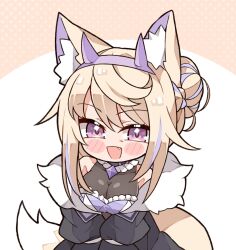 Rule 34 | 1girl, :d, animal ears, bags under eyes, bare shoulders, black jacket, blonde hair, blush stickers, braid, breasts, chibi, cleavage, commentary, dog ears, dog girl, dog tail, dress, english commentary, fake horns, fangs, french braid, fur-trimmed jacket, fur trim, hair bun, hairband, half updo, halter dress, halterneck, highres, hololive, hololive english, horns, jacket, kukie-nyan, large breasts, light brown hair, long hair, mama puppy (fuwamoco), mature female, multicolored hair, off shoulder, open mouth, purple eyes, purple hair, purple hairband, see-through, see-through cleavage, single hair bun, smile, solo, streaked hair, tail, upper body, v arms, virtual youtuber, white dress