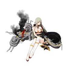 Rule 34 | 1girl, bicorne, black bra, black dress, black hat, boots, bra, breasts, broken, burning, cannon, cleavage, cross, dress, frown, full body, gloves, grey hair, hat, iron cross, jiaoshouwen, large breasts, long hair, looking to the side, machinery, military, military uniform, moltke (warship girls r), official art, short dress, sitting, smoke, thighhighs, torn clothes, torn dress, transparent background, turret, underwear, uniform, unworn hat, unworn headwear, warship girls r, white footwear, white gloves, white thighhighs