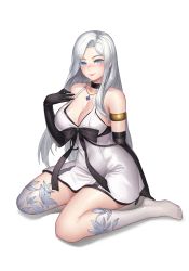 Rule 34 | 1girl, absurdres, black choker, black gloves, black ribbon, blue eyes, breasts, choker, cleavage, closed mouth, dress, elbow gloves, full body, gloves, grey hair, hand up, highres, jewelry, karmiel, large breasts, long hair, looking at viewer, miracle snack shop, necklace, philia salis, ribbon, short dress, simple background, smile, socks, solo, white background, white dress, white socks