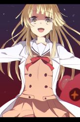 Rule 34 | + +, 1girl, :d, bang dream!, blonde hair, brown dress, buttons, double-breasted, dress, hanasakigawa school uniform, harusawa, lab coat, letterboxed, long hair, long sleeves, looking at viewer, michelle (bang dream!), neck ribbon, open mouth, outstretched arms, red ribbon, ribbon, sailor dress, school uniform, shaded face, sidelocks, smile, solo, spread arms, tsurumaki kokoro, yellow eyes