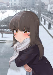 Rule 34 | 1girl, black coat, blush, breath, brown hair, city, coat, crossed arms, day, highres, long hair, mole, mole under eye, motor vehicle, nakta, original, outdoors, parted lips, railing, scarf, snow, snowing, solo, truck, white scarf, yellow eyes