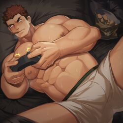 Rule 34 | 1boy, abs, absurdres, bara, bed, brown hair, controller, food, food in mouth, game controller, highres, holding, holding controller, holding game controller, joystick, large pectorals, lying, male focus, male underwear, muscular, muscular male, navel, nipples, on back, on bed, original, pectorals, playing games, short hair, solo, underwear, white male underwear, zhuganchangjiadan