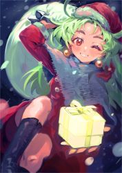 Rule 34 | 1girl, ahoge, arm up, black footwear, blush, boots, box, capelet, christmas, earrings, eyelashes, fur-trimmed headwear, fur trim, gift, gift box, glint, glowing, green hair, hat, highres, holding, holding gift, holding sack, jewelry, long eyelashes, long hair, looking at viewer, maido mido, one eye closed, original, red eyes, red hat, sack, santa costume, santa hat, smile, snow, snowing, solo, teeth, white capelet