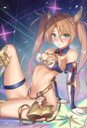 Rule 34 | 1girl, armor, bare shoulders, bikini, blue eyes, blush, bradamante (fate), bradamante (third ascension) (fate), braid, breasts, brown hair, cleavage, commentary request, elbow gloves, fate/grand order, fate (series), faulds, french braid, gloves, gradient background, highres, konata (knt banri), long hair, looking at viewer, medium breasts, open mouth, parted lips, sitting, sky, solo, star (sky), starry sky, swimsuit, thigh strap, twintails, very long hair