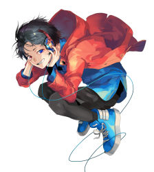 Rule 34 | 1boy, black hair, black pantyhose, black shorts, blue eyes, blue footwear, blue shirt, commentary request, cross-laced footwear, from side, full body, grin, hands on headphones, headphones, heterochromia, hood, hood down, hooded jacket, jacket, jumping, kyouichi, pantyhose under shorts, long sleeves, looking at viewer, male focus, original, pantyhose, pink eyes, red jacket, shirt, shoes, shorts, simple background, smile, sneakers, solo, uneven eyes, white background