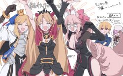 Rule 34 | 1boy, 4girls, alternate costume, animal ears, arms up, artoria caster (fate), artoria caster (third ascension) (fate), artoria pendragon (fate), blonde hair, closed eyes, crown, crying, earrings, ereshkigal (fate), fate/grand order, fate (series), flying sweatdrops, fox ears, gilgamesh, gilgamesh (caster) (fate), gilgamesh (fate), hair ribbon, hinata (eine blume), hoop earrings, jewelry, koyanskaya (assassin) (first ascension) (fate), koyanskaya (fate), mash kyrielight, mash kyrielight (bright voyager), mini crown, multiple girls, official alternate costume, open mouth, pink hair, pink ribbon, red eyes, red ribbon, ribbon, streaming tears, sweat, sweatdrop, tamamo (fate), tears