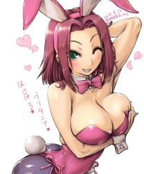 Rule 34 | 1girl, 2017, ;d, amania orz, animal ears, arm behind head, arm up, armpits, ass, bare arms, bare shoulders, blush, bow, bowtie, breast hold, breasts, cleavage, code geass, dated, detached collar, fake animal ears, female focus, green eyes, grey pantyhose, grin, heart, kouzuki kallen, large breasts, leotard, looking at viewer, one eye closed, open mouth, pantyhose, parted lips, pink bow, pink bowtie, pink leotard, playboy bunny, rabbit ears, rabbit tail, red hair, short hair, side-tie leotard, simple background, smile, solo, strapless, strapless leotard, tail, translation request, twitter username, white background, wink, wrist cuffs