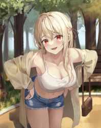 Rule 34 | 1girl, :d, armpits, bag, bare shoulders, bench, bent over, blonde hair, blouse, blue shorts, breasts, camisole, cleavage, collarbone, cowboy shot, crop top, cutoffs, day, denim, denim shorts, fakey, hair ribbon, handbag, hands on own hips, jacket, large breasts, long hair, long sleeves, looking at viewer, midriff, navel, off shoulder, open clothes, open jacket, open mouth, original, outdoors, park bench, red eyes, ribbon, shirt, short shorts, shorts, sleeveless, sleeveless shirt, smile, solo, spaghetti strap, standing, stomach, strap gap, thighs, torn clothes, torn shorts, white shirt, yellow jacket