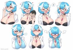 Rule 34 | 1girl, :o, :t, puff of air, adjusting eyewear, black bra, black choker, blue gloves, blue hair, blue shirt, blush, bra, breasts, character doll, choker, cleavage, closed eyes, coat, collared shirt, commentary request, commission, commissioner insert, creatures (company), crying, diamond earrings, doll, dr. voir (nanosheep), earrings, embarrassed, expressions, game freak, gardevoir, gen 3 pokemon, glasses, gloves, hair ornament, hair over eyes, hairclip, hanjuku choco-pai, heart, holding, holding doll, humanization, jewelry, lab coat, large breasts, mega stone, mole, mole under eye, multicolored hair, multiple views, nanosheep (character), necklace, nintendo, open clothes, open coat, open mouth, orange eyes, original, pokemon, pout, red-framed eyewear, rupee (zelda), semi-rimless eyewear, shirt, short hair, skeb commission, spoken sweatdrop, surprised, sweatdrop, tears, two-tone hair, under-rim eyewear, underwear, upper body, white hair