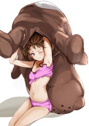 Rule 34 | 1girl, animal costume, bokukawauso, brown eyes, brown hair, camisole, commentary request, cowboy shot, highres, kantai collection, looking at viewer, mascot, navel, one eye closed, otter costume, panties, pink camisole, pink panties, rizzl, ryuujou (kancolle), simple background, solo, underwear, undressing, white background