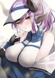 Rule 34 | 1girl, animal ears, arknights, arm under breasts, bare shoulders, bikini, black gloves, blue jacket, blush, breasts, closed mouth, cow ears, cow horns, fingerless gloves, gloves, gradient background, hair between eyes, hat, highres, horns, jacket, large breasts, long hair, long sleeves, looking at viewer, official alternate costume, open clothes, open jacket, ponytail, purple hair, saiko (saisaka), sideroca (arknights), sideroca (light breeze) (arknights), solo, swimsuit, upper body, visor cap, white background, white bikini, white hat, yellow eyes