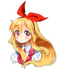 Rule 34 | 10s, 1girl, aikatsu!, aikatsu! (series), blonde hair, blush, hair ornament, hair ribbon, hairband, hoshimiya ichigo, long hair, red eyes, ribbon, simple background, smile, solo, sunameri oishii, white background