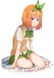 Rule 34 | 1girl, absurdres, auui, barefoot, blue eyes, blush, bow, breasts, collared shirt, commentary request, full body, go-toubun no hanayome, green bow, green ribbon, green skirt, hair between eyes, hair ribbon, highres, looking at viewer, nakano yotsuba, orange hair, parted lips, pleated skirt, ribbon, see-through, shallow water, shirt, short sleeves, sitting, skirt, small breasts, solo, sweater vest, water, wet, wet clothes, wet shirt, white background, white shirt