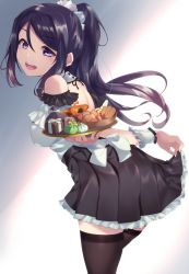 Rule 34 | 1girl, bare shoulders, black hair, black thighhighs, breasts, cookie, food, frilled skirt, frills, gift, highres, leaning forward, long hair, looking at viewer, looking back, love live!, love live! school idol festival, love live! sunshine!!, maid, matsuura kanan, medium breasts, open mouth, plate, ponytail, pumpkin, purple eyes, skirt, smile, solo, standing, thighhighs, yamaori (yamaorimon), zettai ryouiki