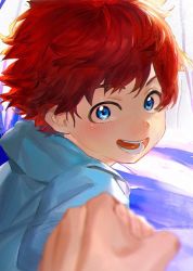 Rule 34 | 2boys, aged down, blue eyes, blue shirt, boku no hero academia, endeavor (boku no hero academia), grin, holding hands, light blush, looking at viewer, male focus, mm39572, multiple boys, open mouth, out of frame, pov, pov hands, red hair, shirt, short hair, smile, solo focus, sunlight, todoroki touya