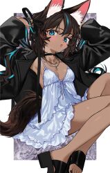 Rule 34 | 1girl, alternate hairstyle, alternate skin color, animal ear fluff, animal ears, aqua eyes, aqua hair, arms up, bead necklace, beads, black choker, black footwear, black jacket, black nails, breasts, brown hair, cat ears, choker, choppy bangs, cleavage, cropped legs, dark skin, dog ears, dog tail, dress, elisia valfelto, frilled dress, frills, highres, holding, holding hair, jacket, jewelry, looking at viewer, luicent, multicolored hair, multiple necklaces, necklace, open mouth, original, slippers, small breasts, tail, tan, thighs, two-tone hair, white dress