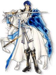 Rule 34 | 1boy, absurdres, artist request, black footwear, blue hair, coat, fire emblem, fire emblem: genealogy of the holy war, full body, highres, holding, holding weapon, horse, looking at viewer, nintendo, official art, outstretched arm, pants, shadow, sigurd (fire emblem), solo, standing, two-tone cape, weapon, white coat, white pants