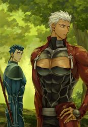 Rule 34 | 2boys, archer (fate), armor, automney, bara, blue hair, cu chulainn (fate), dark-skinned male, dark skin, earrings, fate/grand order, fate (series), from side, gae bolg (fate), grey eyes, injury, jacket, jewelry, large pectorals, long hair, long sleeves, looking at another, male focus, meme, multiple boys, muscular, muscular male, open mouth, pectoral cleavage, girl staring at guys chest (meme), pectorals, polearm, ponytail, red eyes, red jacket, short hair, shrug (clothing), sideburns, spear, spiked hair, torn clothes, upper body, weapon, white hair, yaoi