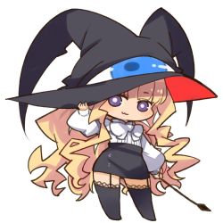 Rule 34 | 1girl, :3, black skirt, blonde hair, character request, chibi, closed mouth, full body, hat, lilith (yamibou), long hair, looking at viewer, mota, purple eyes, simple background, skirt, smile, solo, thighhighs, white background, yami to boushi to hon no tabibito
