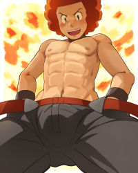Rule 34 | 1boy, :d, abs, absurdres, afro, belt, black choker, blush, border, brown eyes, choker, commentary request, creatures (company), fire, flint (pokemon), from below, game freak, hands on own hips, harano hiroshi, highres, looking down, male focus, navel, nintendo, nipples, open mouth, outside border, pants, pectorals, pokemon, pokemon dppt, red belt, red hair, short hair, smile, solo, teeth, tongue, topless male, upper teeth only, white border, wristband