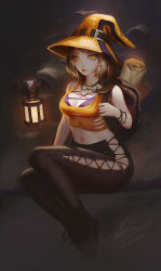 Rule 34 | 1girl, arm at side, arm up, backpack, bag, bat wings, black hair, bra, bracelet, breasts, cleavage, closed mouth, crop top, dao trong le, dated, eyelashes, full body, halloween, hat, hat belt, highres, jewelry, lantern, legs together, looking at viewer, medium breasts, multiple necklaces, navel, necklace, no pupils, original, purple bra, red lips, scroll, shirt, signature, sitting, skull necklace, solo, stomach, underwear, wings, witch hat, yellow hat, yellow shirt